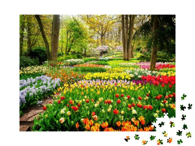 Colorful Tulips Flowerbeds & Path in an Spring Formal Gar... Jigsaw Puzzle with 1000 pieces