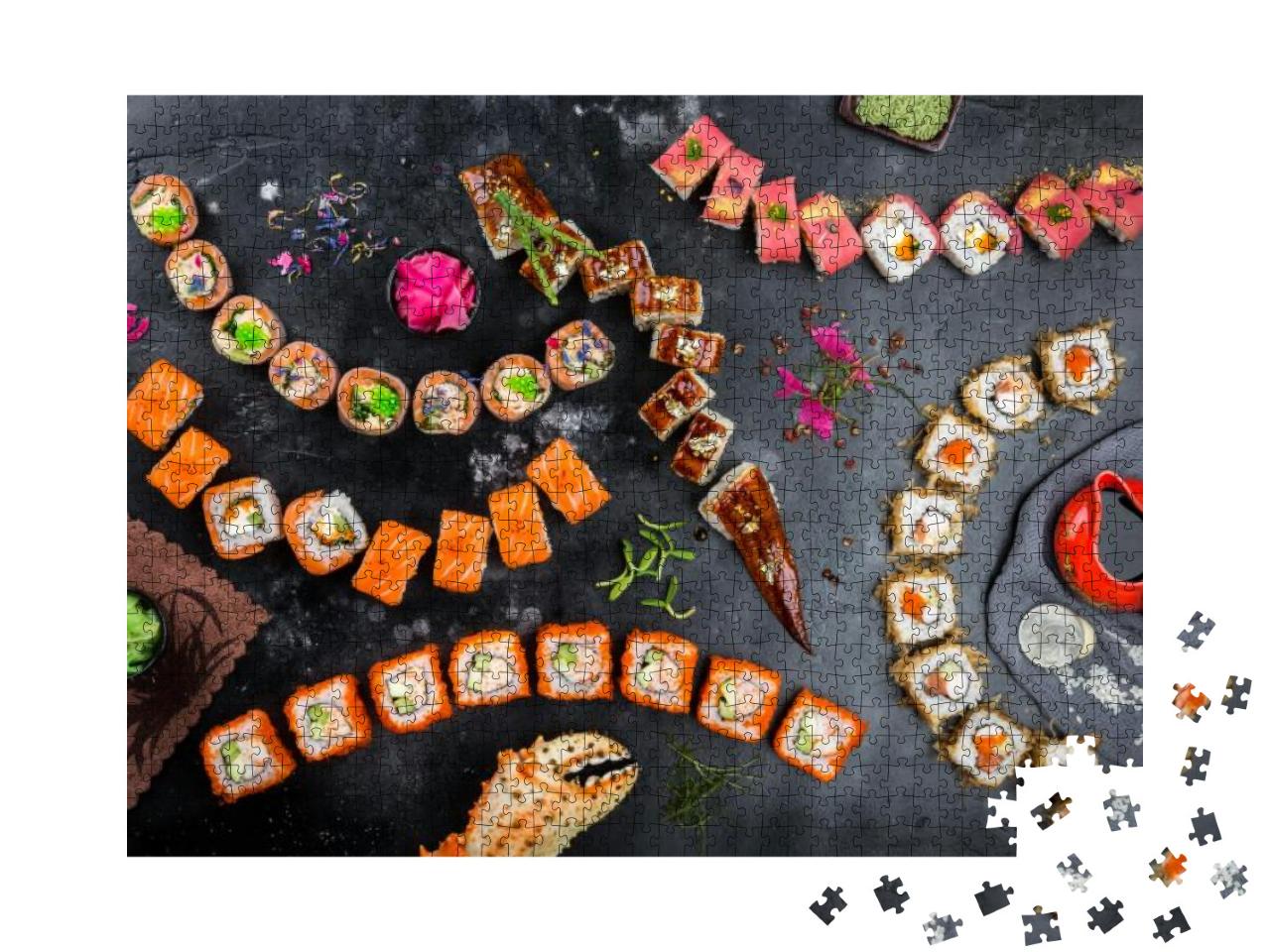 Sushi on a Black Background. Sushi Rolls, Nigiri, Pickled... Jigsaw Puzzle with 1000 pieces