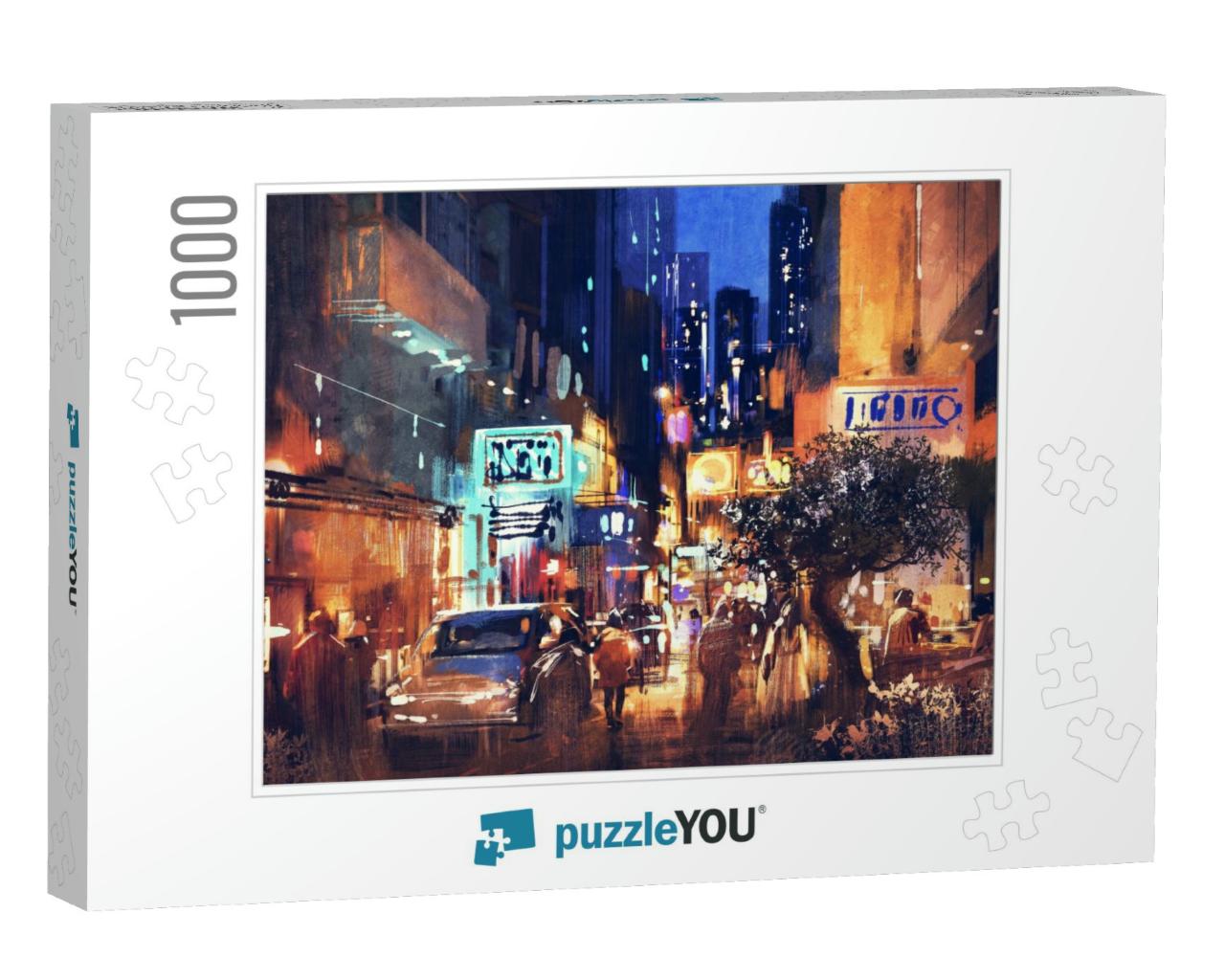 Colorful Painting of Night Street, Illustration Art... Jigsaw Puzzle with 1000 pieces