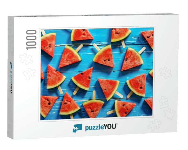 Watermelon Slice Popsicles on a Blue Rustic Wood Backgrou... Jigsaw Puzzle with 1000 pieces