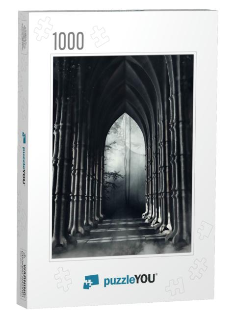 Dark Gothic Corridor with Columns Leading to a Forest At... Jigsaw Puzzle with 1000 pieces