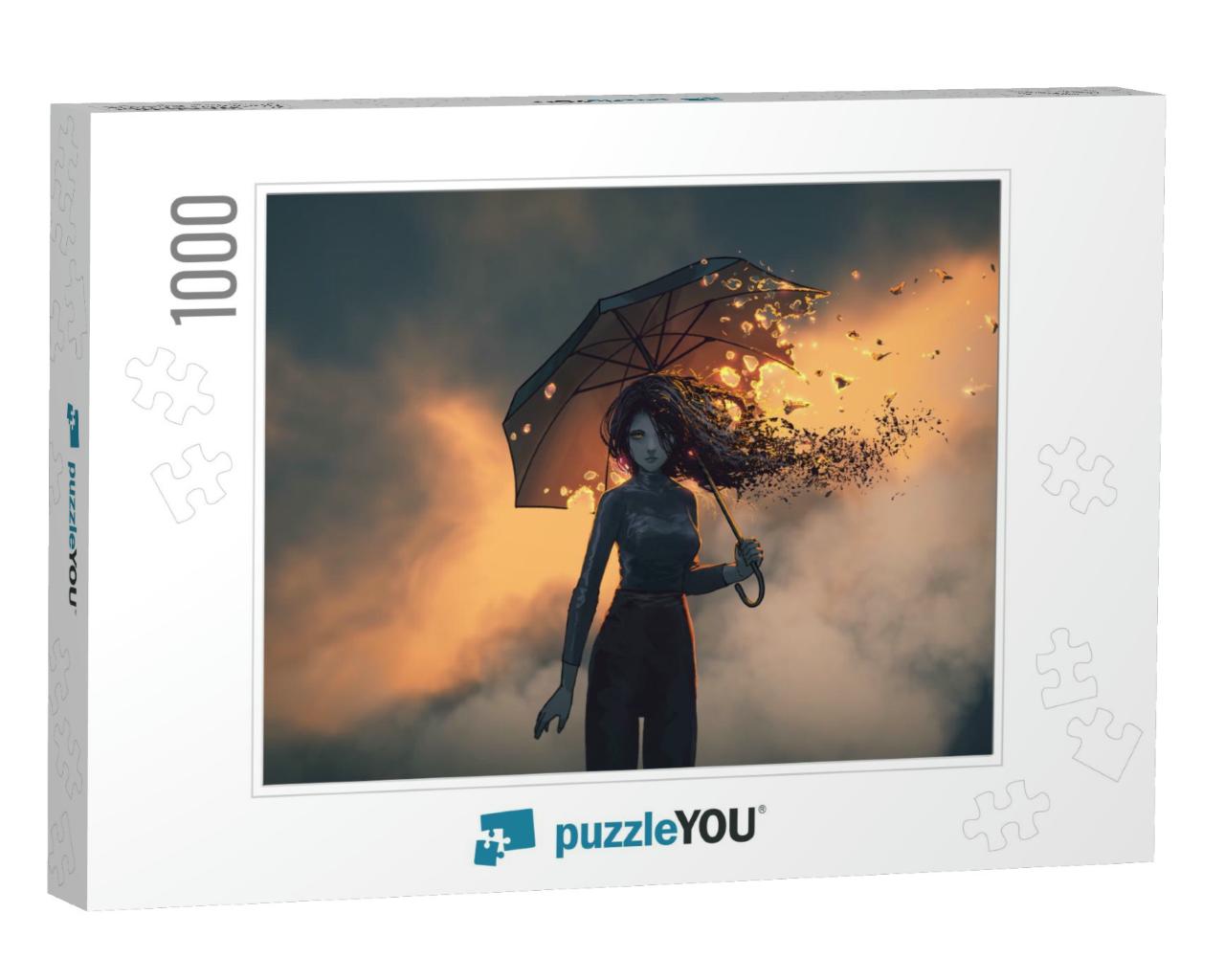 Mysterious Woman Holds the Burning Umbrella Standing Agai... Jigsaw Puzzle with 1000 pieces