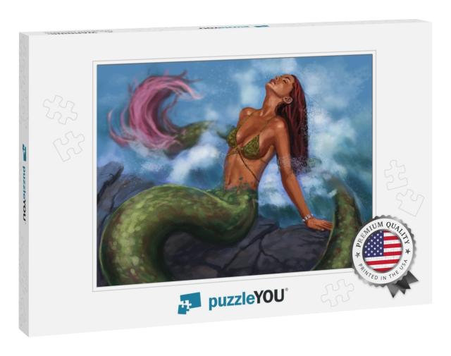 Mythical Creature - Mermaid Sun Bathing on the Rocks Enjo... Jigsaw Puzzle