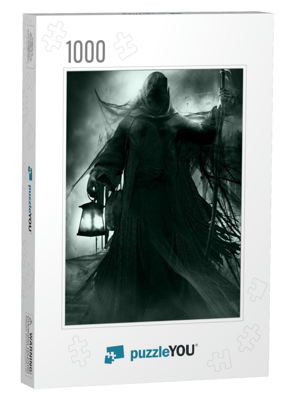 Gothic Scene with Grim Reaper, Lantern & Scythe. 3D Illus... Jigsaw Puzzle with 1000 pieces