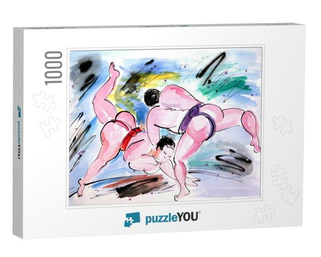 Wrestling of Two Sumo Wrestlers Painted with Watercolors... Jigsaw Puzzle with 1000 pieces