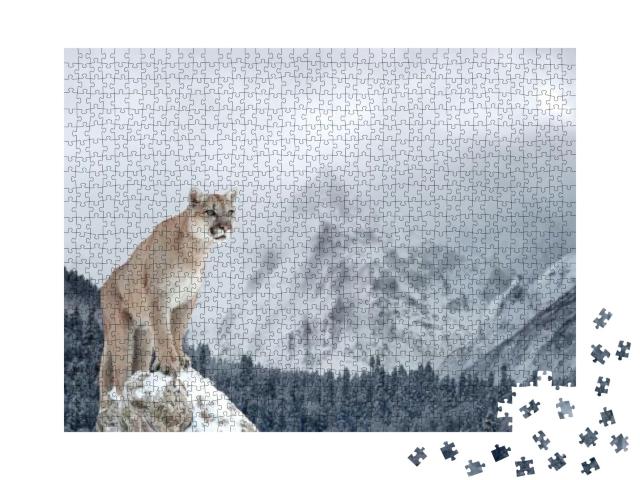 Portrait of a Cougar, Mountain Lion, Puma, Winter Mountai... Jigsaw Puzzle with 1000 pieces