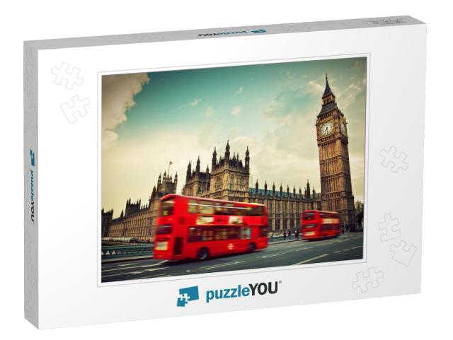 London, the Uk. Red Bus in Motion & Big Ben, the Palace o... Jigsaw Puzzle