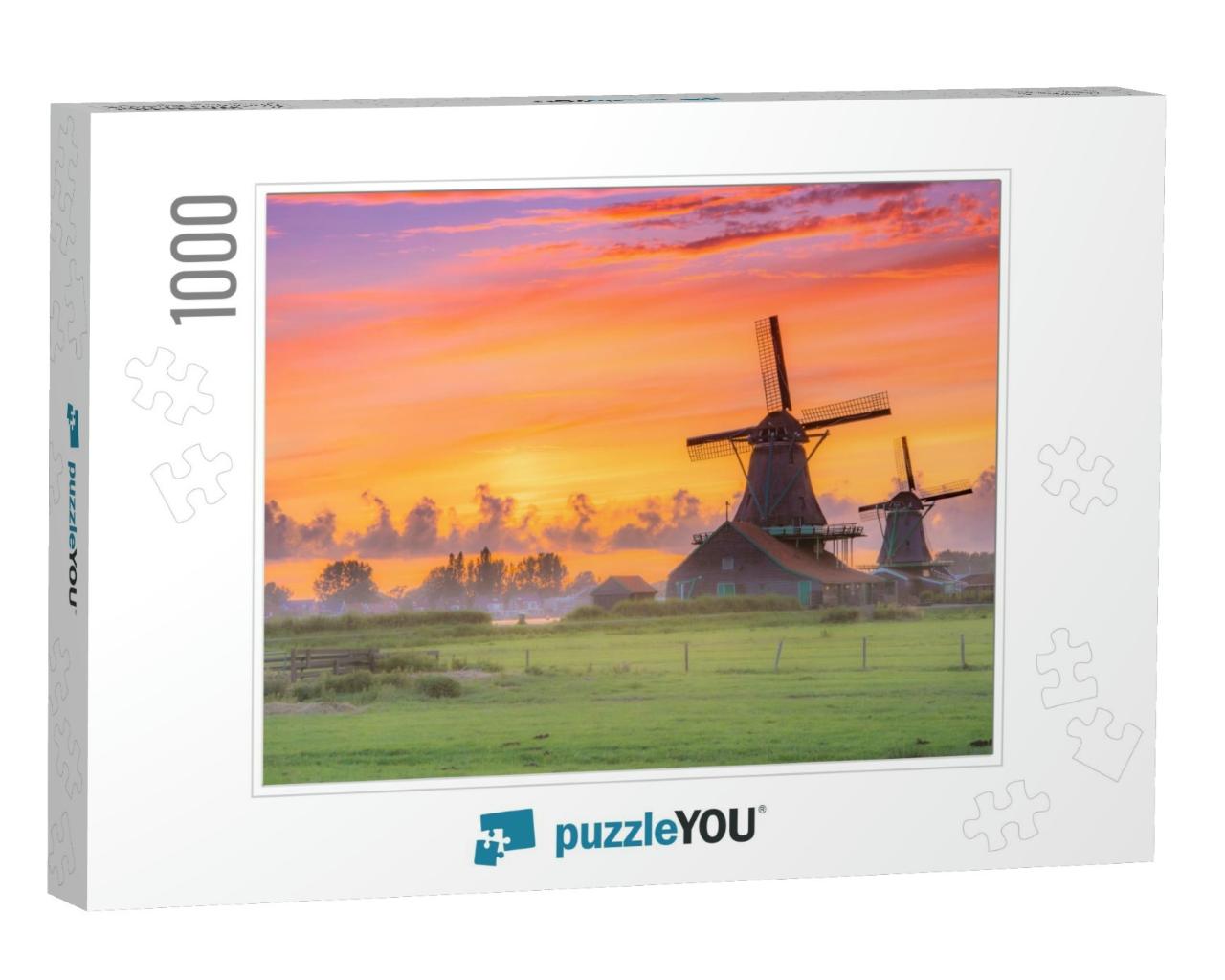 Traditional Village with Dutch Windmills & River At Sunse... Jigsaw Puzzle with 1000 pieces