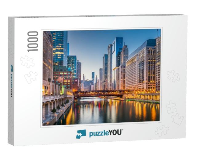 Chicago, Illinois, USA Cityscape on the River At Twilight... Jigsaw Puzzle with 1000 pieces