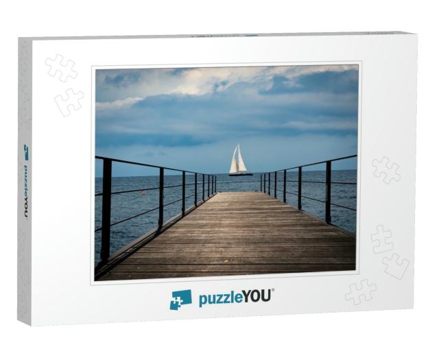 Small Empty Wooden Pier & a Sailing Boat in the Horizon o... Jigsaw Puzzle