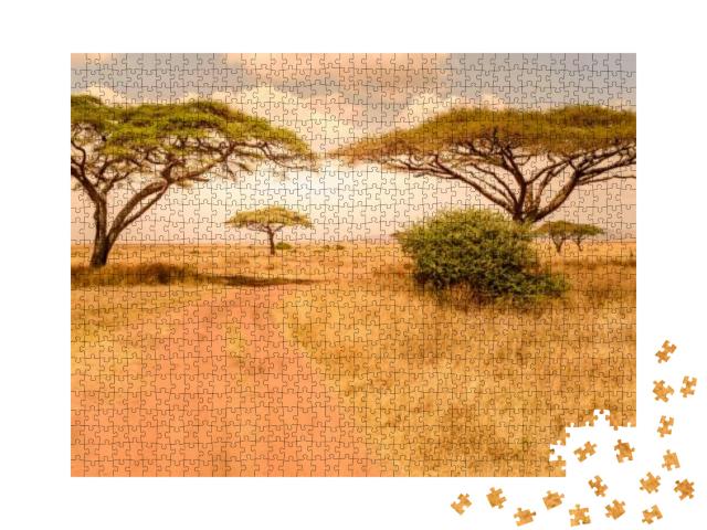 Game Drive on Dirt Road with Safari Car in Serengeti Nati... Jigsaw Puzzle with 1000 pieces