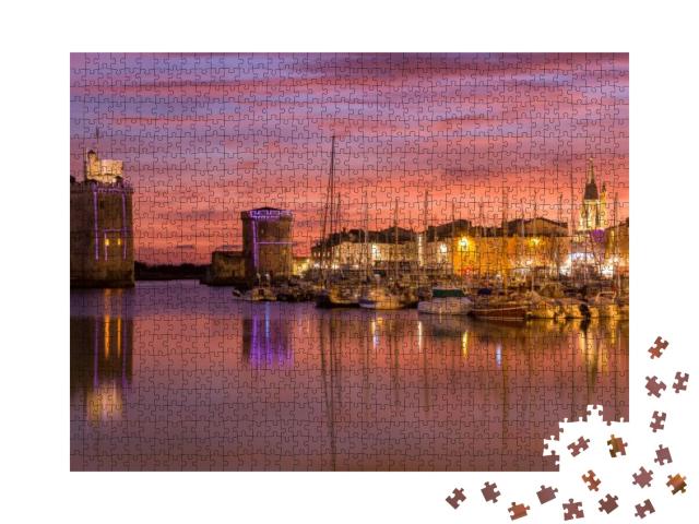 Harbor by Night with Beautiful Sunset in La Rochelle Town... Jigsaw Puzzle with 1000 pieces