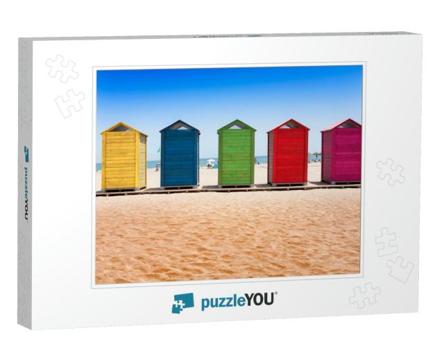 Colorful Wooden Cabins on the Beach of Patacona, Valencia... Jigsaw Puzzle