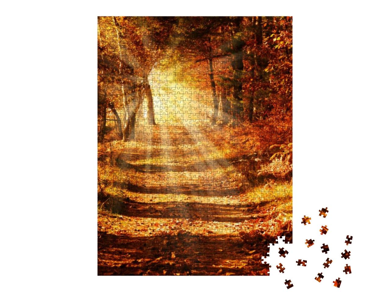 Sunbeams on a Forest Path in Golden Autumn... Jigsaw Puzzle with 1000 pieces