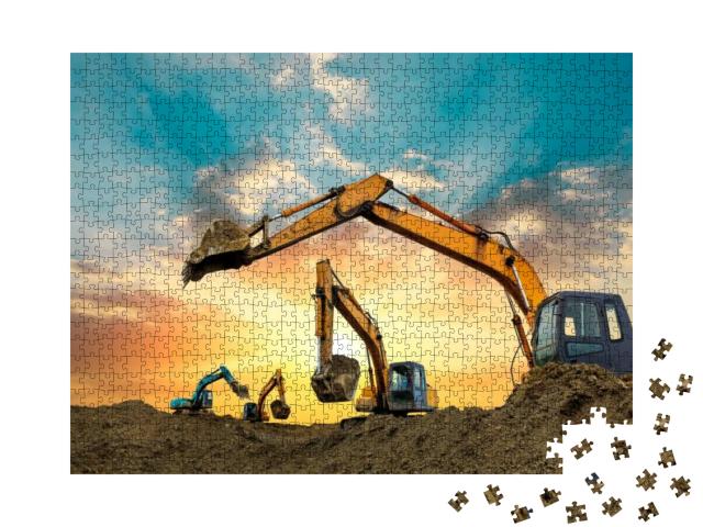 Four Excavators Work on Construction Site At Sunset... Jigsaw Puzzle with 1000 pieces