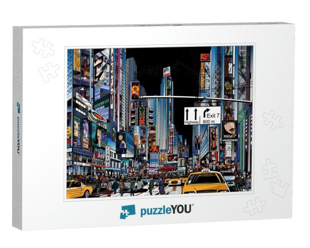 Vector Illustration of a Street in New York City At Night... Jigsaw Puzzle