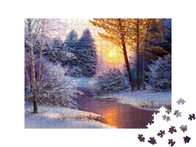 Winter Landscape with the River. Original Oil Painting... Jigsaw Puzzle with 500 pieces