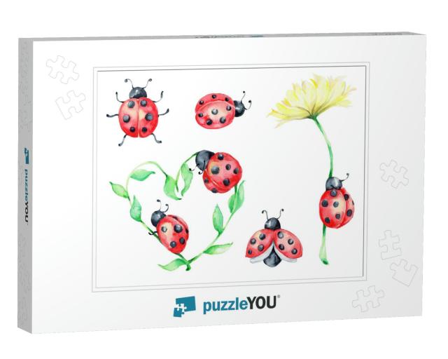Big Ladybug Set, Green & Yellow Flowers Watercolor... Jigsaw Puzzle