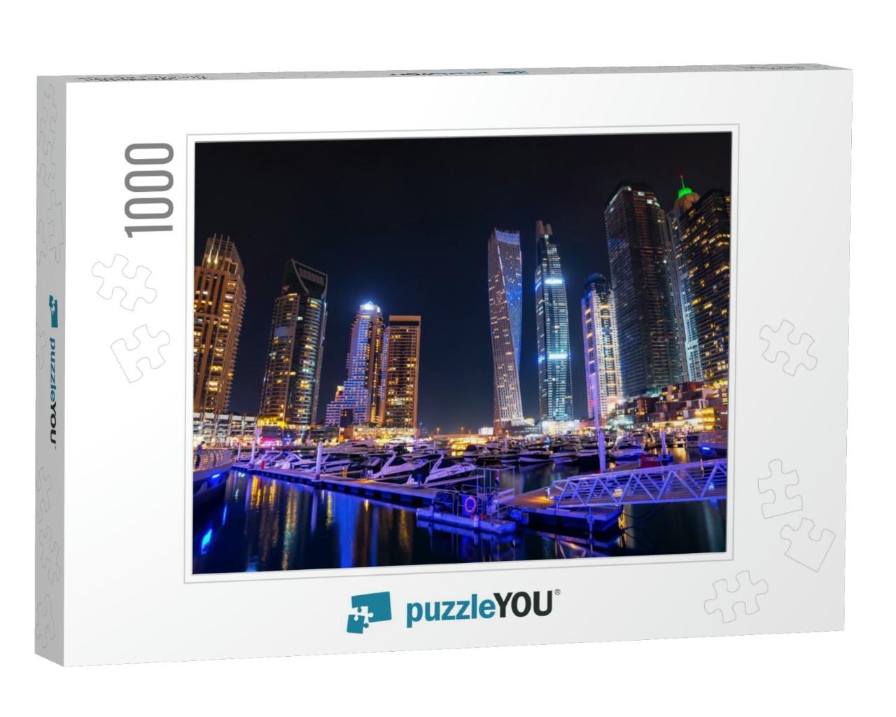 Dubai Marina Skyline At Night with Boats in the Harbor, U... Jigsaw Puzzle with 1000 pieces
