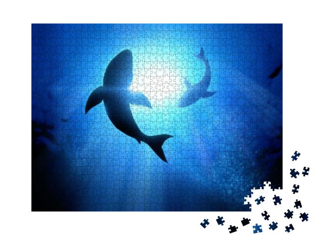 Under the Waves Circle Two Great White Sharks. Illustrati... Jigsaw Puzzle with 1000 pieces