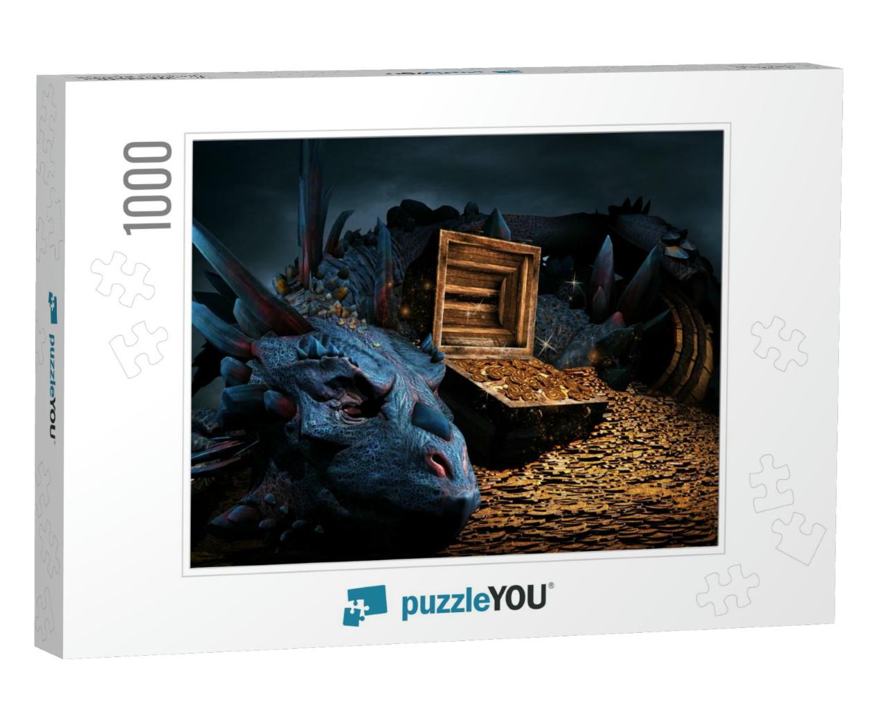 Fantasy Scene with Blue Dragon, Treasure Chest & Pile of... Jigsaw Puzzle with 1000 pieces