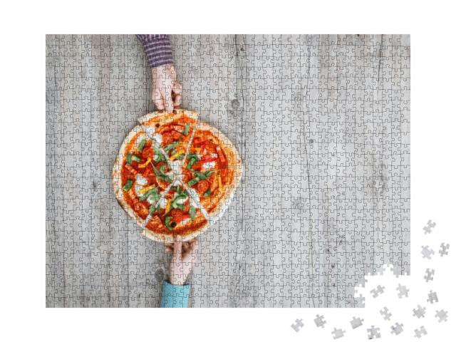 Friends Sharing a Delicious Pizza on a Rustic Table, They... Jigsaw Puzzle with 1000 pieces