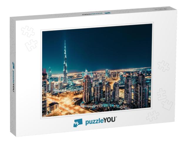 Fantastic Nighttime Skyline with Illuminated Skyscrapers... Jigsaw Puzzle