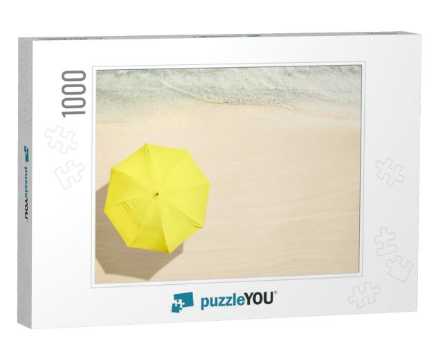 Yellow Umbrella on Tropical Sand Beach. Top & Aerial View... Jigsaw Puzzle with 1000 pieces