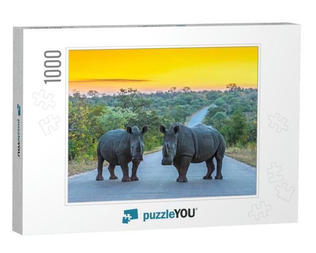 Two Rhinos Standing on a Road At Sunset in Kruger Nationa... Jigsaw Puzzle with 1000 pieces
