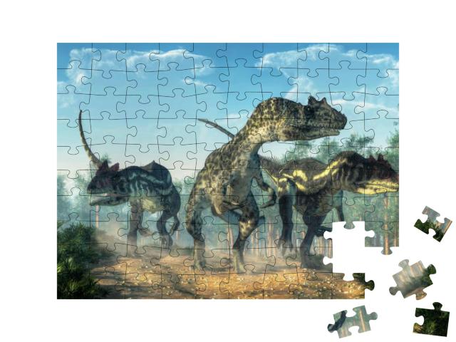 Three Allosauruses Kick Up Dust as They Hunt Along a Rock... Jigsaw Puzzle with 100 pieces