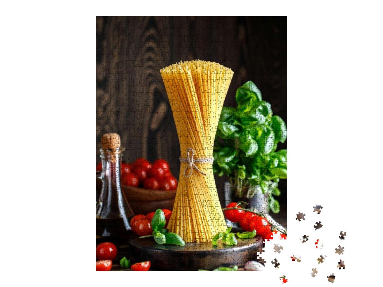 Raw Spaghetti on Rustic Background. Ingredients for Pasta... Jigsaw Puzzle with 1000 pieces