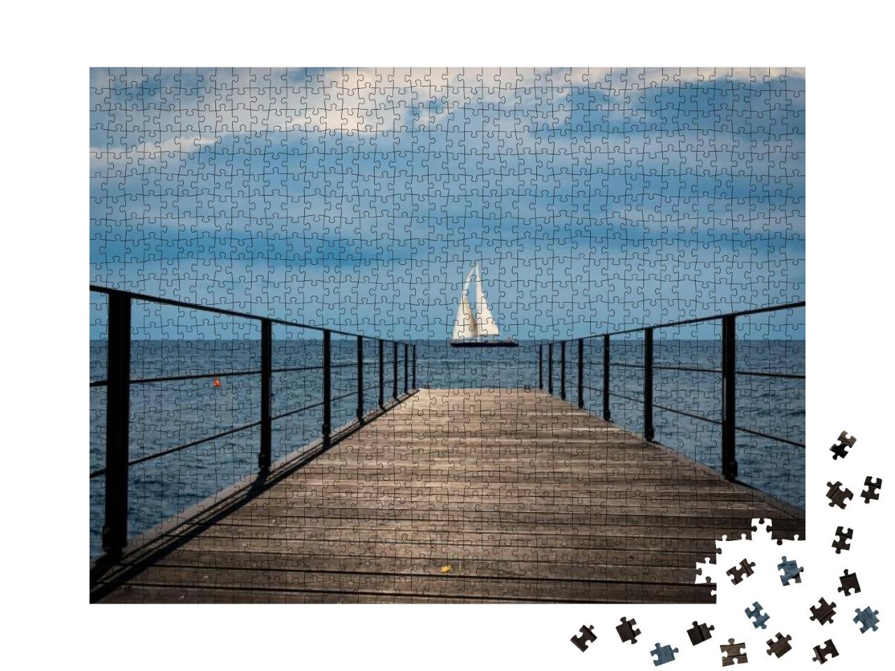 Small Empty Wooden Pier & a Sailing Boat in the Horizon o... Jigsaw Puzzle with 1000 pieces
