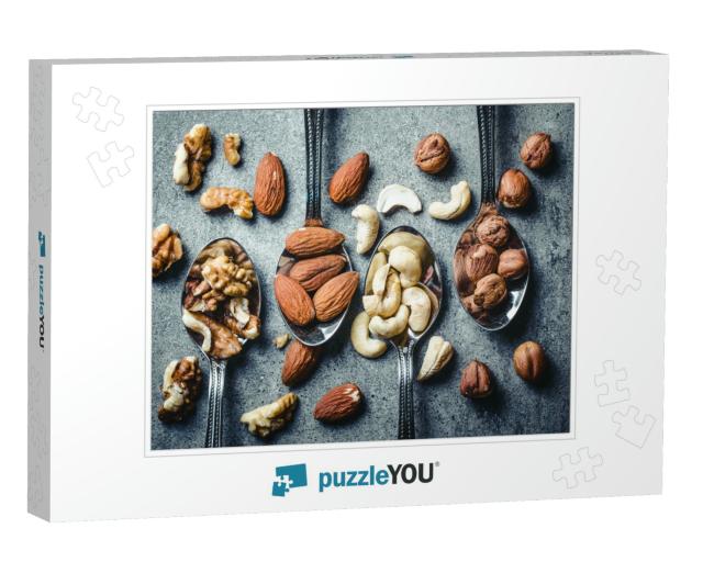 Walnuts, Hazelnuts, Almonds & Cashew on Metal Silver Spoo... Jigsaw Puzzle