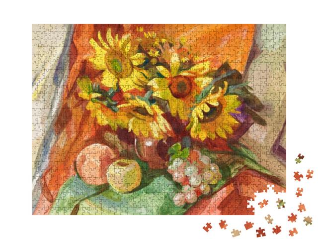 Still Life in Ukrainian Style with Fruits & Sunflowers. G... Jigsaw Puzzle with 1000 pieces