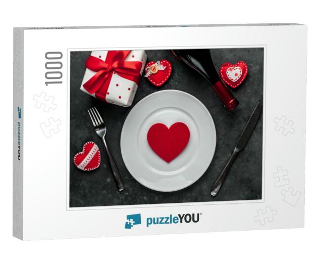 Table Setting for Valentines Day - White Plate, Wine, Gif... Jigsaw Puzzle with 1000 pieces