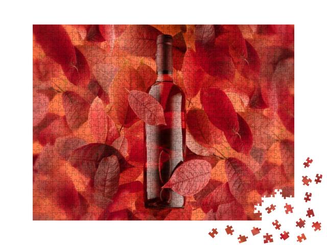 A Bottle of Red or Rose Wine on a Background of Autumn Le... Jigsaw Puzzle with 1000 pieces