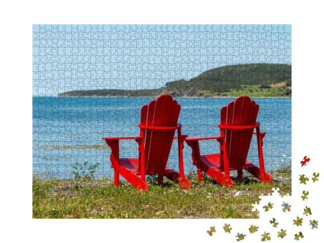 Two Bright Empty Red Adirondack Chairs on the Edge of a G... Jigsaw Puzzle with 1000 pieces