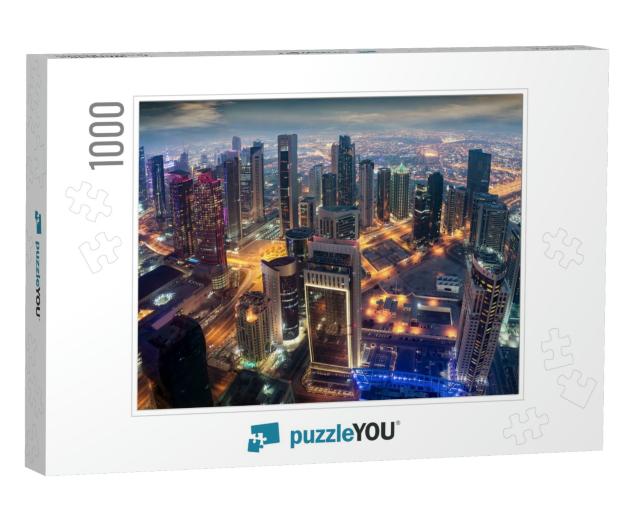 Aerial View to the Illuminated City Center of Doha, Qatar... Jigsaw Puzzle with 1000 pieces