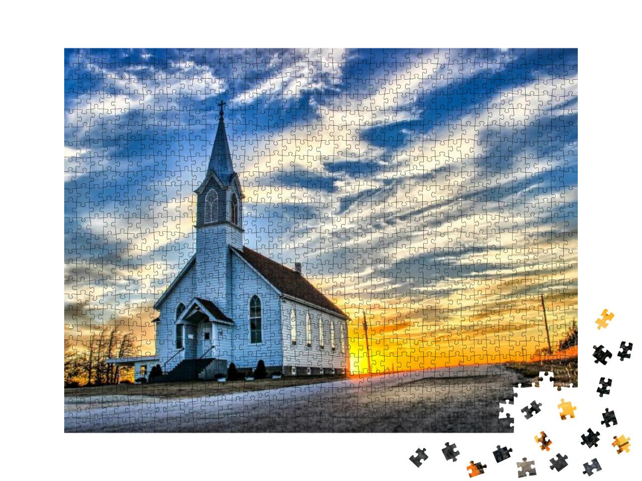 A Lone Wooden Church At Dusk with Sunset Clouds in Kansas... Jigsaw Puzzle with 1000 pieces