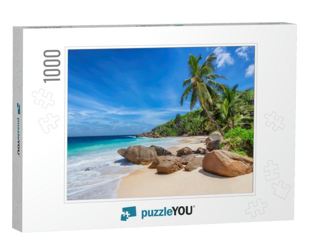Tropical Sunny Beach & Coconut Palms on Seychelles. Summe... Jigsaw Puzzle with 1000 pieces