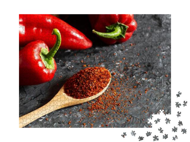 Fresh Capia Peppers & Chili Flakes or Powder in Wooden Sp... Jigsaw Puzzle with 1000 pieces