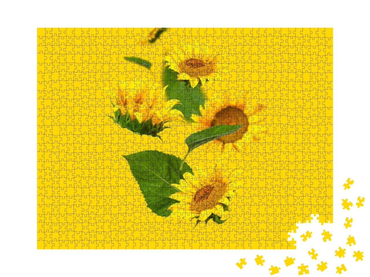Flying Yellow Sunflowers, Green Leaves on Yellow Backgrou... Jigsaw Puzzle with 1000 pieces