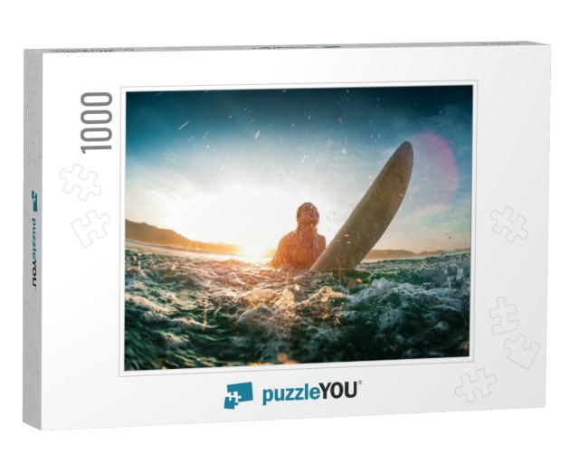 Young Happy Man Moves Through Breaking Waves in the Ocean... Jigsaw Puzzle with 1000 pieces