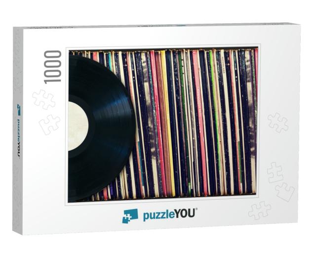Vinyl Record with Copy Space in Front of a Collection of... Jigsaw Puzzle with 1000 pieces