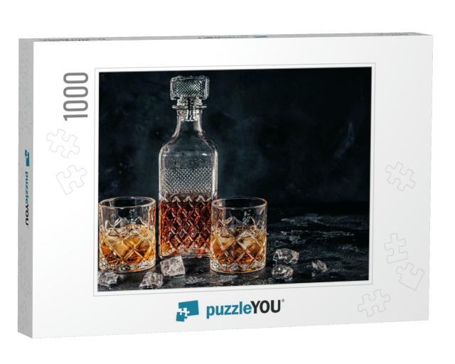 Glasses of the Whiskey with a Square Decanter on a Black... Jigsaw Puzzle with 1000 pieces