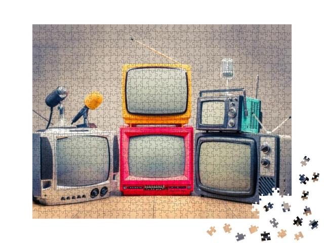 Retro Old Tv Set Receivers & Microphones on Table Front T... Jigsaw Puzzle with 1000 pieces