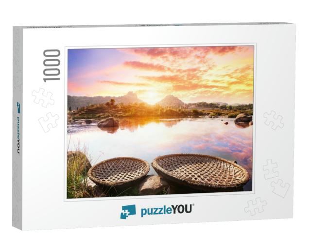 Round Shape Boats on Tungabhadra River At Sunset Sky in H... Jigsaw Puzzle with 1000 pieces