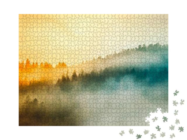Colored Sunrise in Forested Mountain Slope with Fog... Jigsaw Puzzle with 1000 pieces