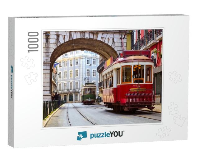 Lisbon, Portugal. Vintage Red Retro Tram on Narrow Bystre... Jigsaw Puzzle with 1000 pieces