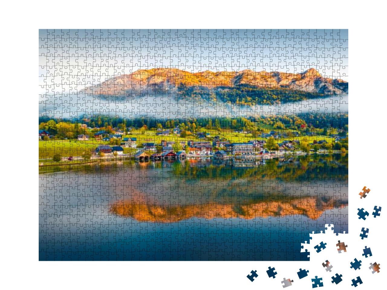 Foggy Summer View from Flying Drone of Grundlsee Lake. Br... Jigsaw Puzzle with 1000 pieces